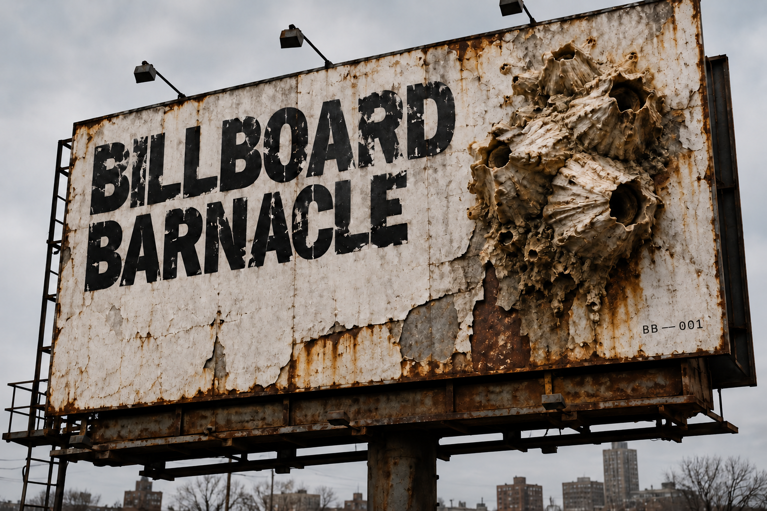 A weathered industrial billboard reading Billboard Barnacle, with a large barnacle formation attached.